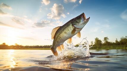 Bass fish jumps out of water catching the fishing lure. Fishing concept. 
 - obrazy, fototapety, plakaty