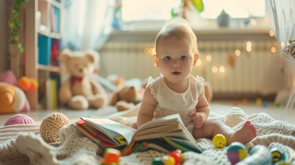 A baby sitting on a blanket surrounded by toys and books. 