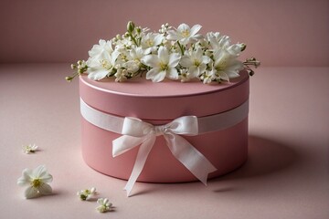 Beautiful Jasmine Flower in Gift Box for Loved One. Pink Box with White Flowers and Ribbon