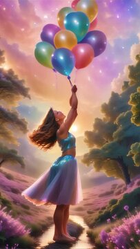 Young girl holding colorful balloons amidst a magical lavender field under a sunset sky, depicting wonder