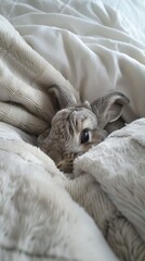 Naklejka premium Cozy bunny hiding in soft blankets