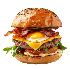 Bacon, cheese and egg morning burger png isolated on transparent background, clipart, cutout.