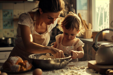 Obraz na płótnie Canvas A mother and daughter are making a cake together in the kitchen. The mother is teaching the daughter how to mix the ingredients and use the mixer. Scene is warm and friendly, as the mother