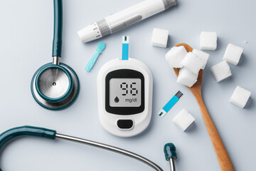 Blood glucose meter with stethoscope and sugar cubes in spoon on table, diabetes concept