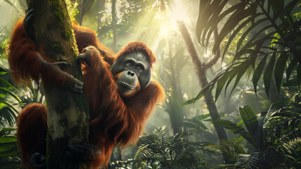 Obraz premium Orangutan hanging from a tree with both hands in the jungle forest, Sunlight shining through the trees