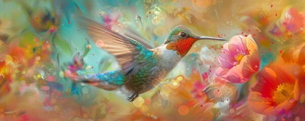 Hummingbird hovering near vibrant flowers