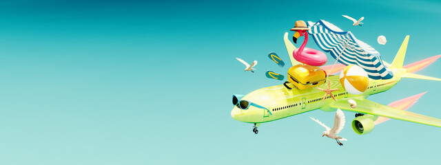 Green airplane with luggage and beach accessories flying . Summer travel concept background with...