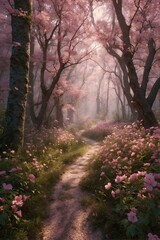 Obraz premium Path in Enchanted Forest with Pink Trees