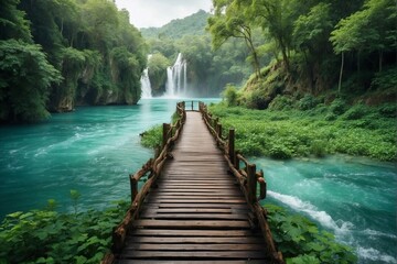 Wooden Path above Water in Green Forest with Waterfall - Powered by Adobe