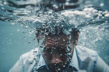Businessman Submerged in Water at Workplace, Burnout and Mental Health Concept - Conceptual Photography - obrazy, fototapety, plakaty