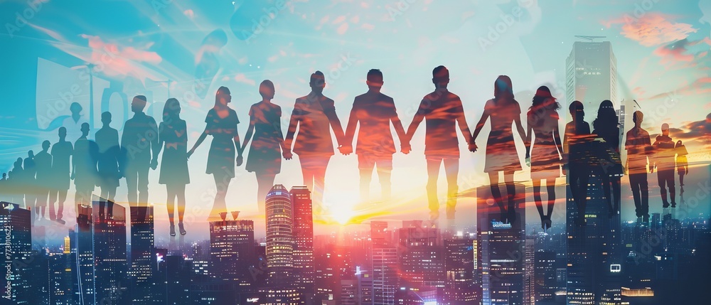 Poster panoramic view of collaborative teamwork with united hands overlapping in unity against a silhouette