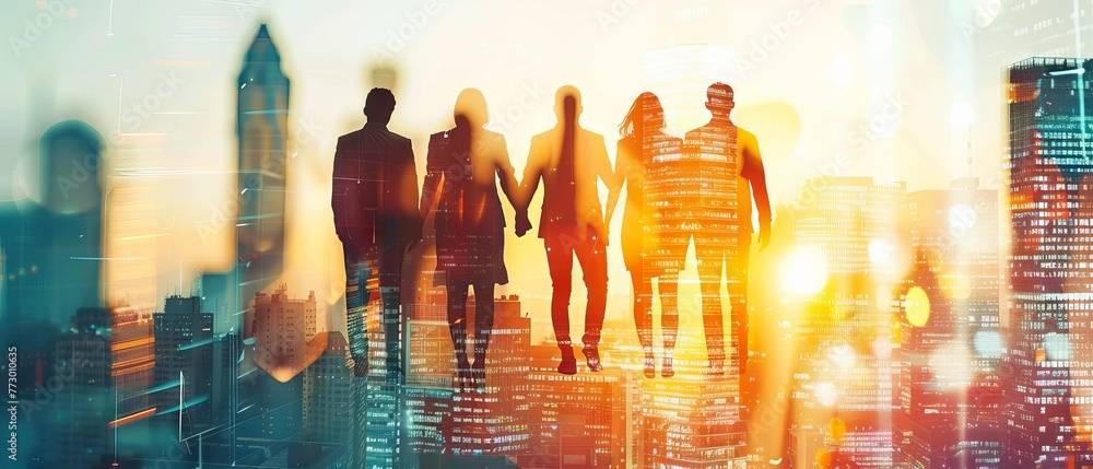 Poster panoramic view of collaborative teamwork with united hands overlapping in unity against a silhouette