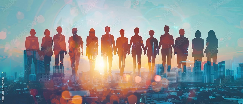 Poster panoramic view of collaborative teamwork with united hands overlapping in unity against a silhouette