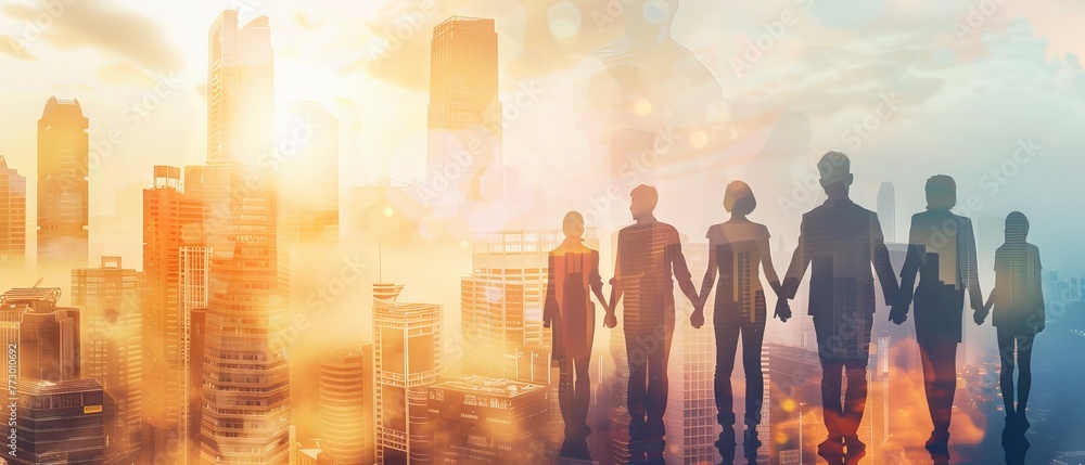 Poster panoramic view of collaborative teamwork with united hands overlapping in unity against a silhouette