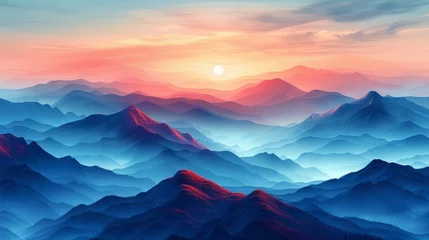 Fotobehang Misty mountain sunrise digital artwork © iVGraphic