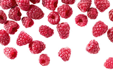 Falling fresh raspberries in motion, png isolated on transparent background, clipart, cutout.