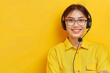 Call center woman smiling with headset and microphone, customer service consultant with CRM mockup space - obrazy, fototapety, plakaty