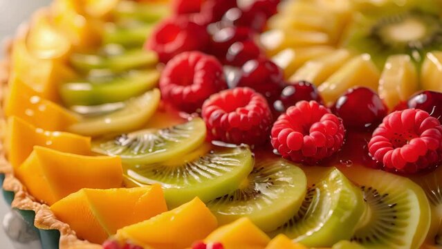 A detail of a fruit tart featuring a colorful array of seasonal fruits like kiwi pineapple and mango.