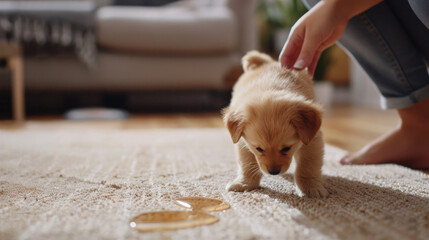 The puppy got the carpet wet. A stain on the floor.