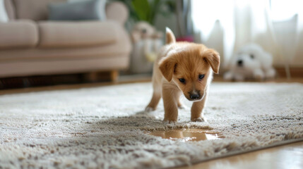 The puppy got the carpet wet. A stain on the floor.