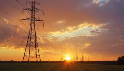 Golden hues of a setting sun illuminate the sky behind the silhouetted figures of towering electrical power lines. - Powered by Adobe