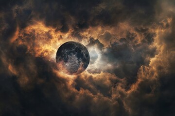 Dark moon against a fiery stormy sky evokes a sense of doom. - obrazy, fototapety, plakaty