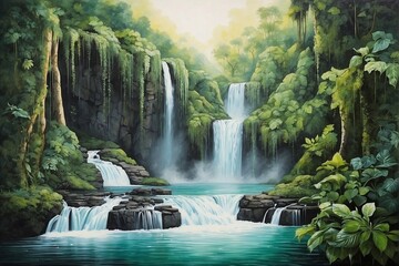 Majestic Waterfall in Green Jungles with Roaring Water