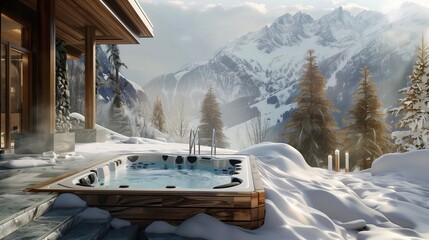 Steam rises from a secluded hot tub, offering a serene retreat amidst the majestic mountain scenery. 