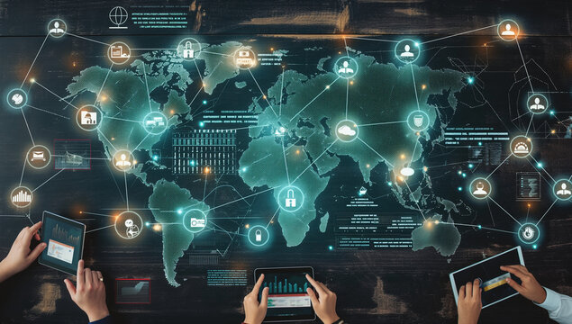 A global map with digital technology icons