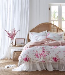 Floral Bliss A Pink and White Bedroom Oasis Generative AI