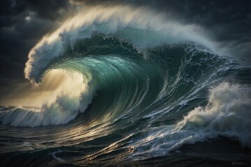 Stormy sea, thunderstorm sky. Mighty wave in ocean - obrazy, fototapety, plakaty