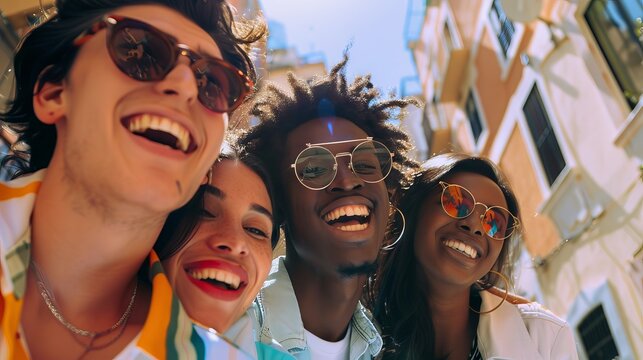 Group of diverse friends enjoying a day together outdoors, sharing laughter and joyful moments - Powered by Adobe