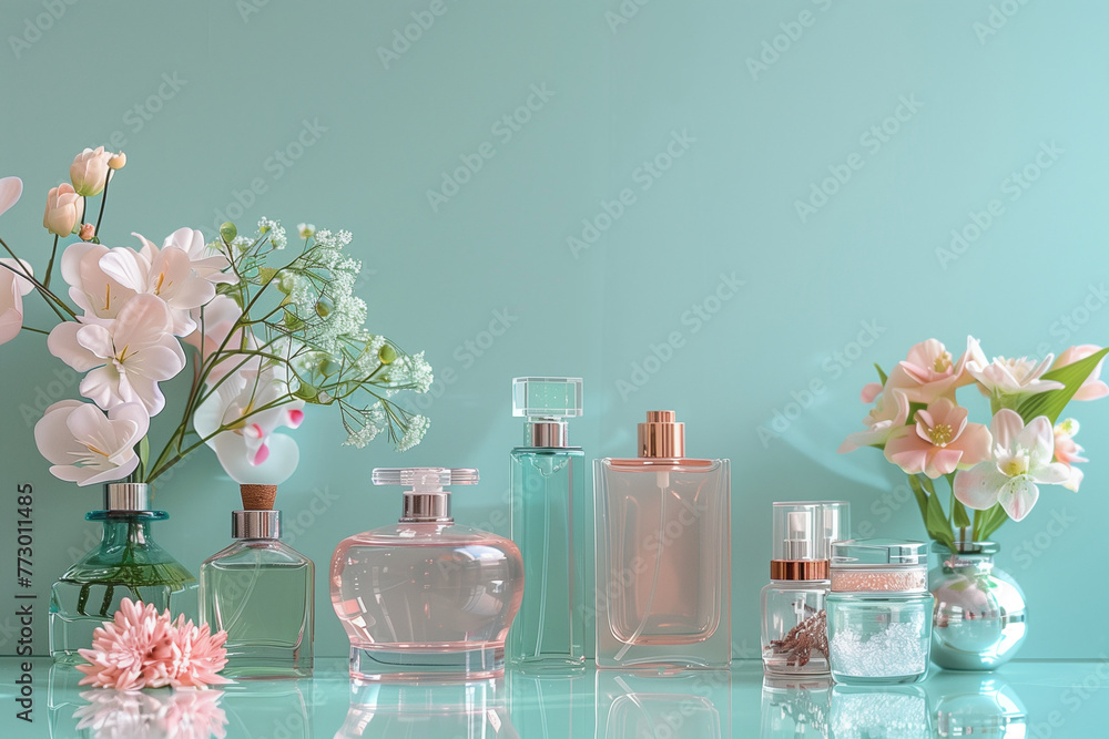 Poster a row of glass bottles with different colored liquids inside. the bottles are arranged on a shelf, w