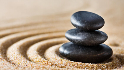 Fototapeta na wymiar Zen Stones With Lines On Sand - Spa Therapy - Purity harmony And Balance Concept