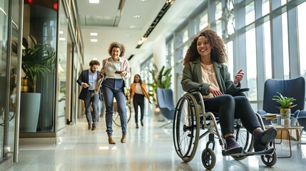 Diverse business team engaging in conversation in modern office lobby, highlighting smiling young woman in wheelchair