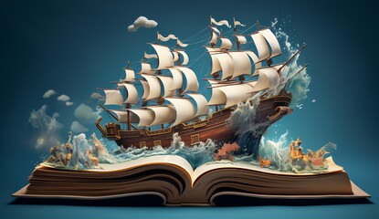 an open book with a ship in the water