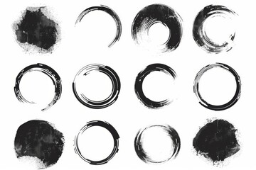 Circular Icon Set with Black Brush Stroke Outlines on White Background - obrazy, fototapety, plakaty