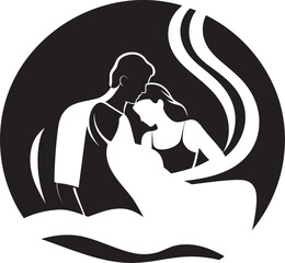 Serene Snuggles Bed Graphic Emblem Tender Touch Couple Icon Symbol