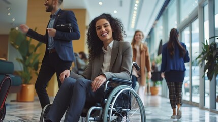 Diverse business team engaging in conversation in modern office lobby, highlighting smiling young woman in wheelchair