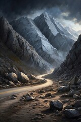 Giant Stones Rolling Down the Mountain onto the Road, Dark Sky - obrazy, fototapety, plakaty