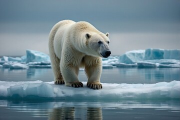Polar Bear Standing on All Fours on Top of an Iceberg - obrazy, fototapety, plakaty