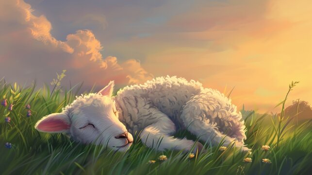 Sleeping lamb in a meadow at sunset