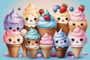 Cute kawaii ice cream characters, cartoon character in watercolor style.