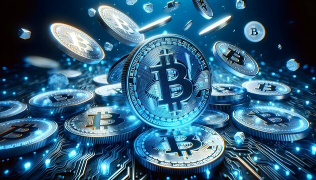 Digital Bitcoin Artwork - High-Resolution Cryptocurrency   Blockchain Technology Blue Neon Theme Image