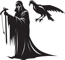 Ravens Requiem Scythe Icon Design Eerie Emissary Crow Vector Symbol