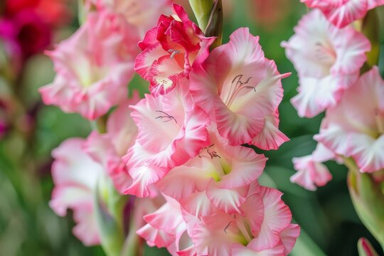 Close-up of vibrant pink gladiolus flower in full bloom, garden photography