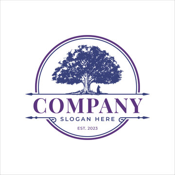 Oak Tree with Dog Hand Drawn Vintage Logo