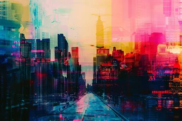 Foto op Plexiglas Colorful abstract city background with digital glitch art effect, futuristic urban landscape © furyon