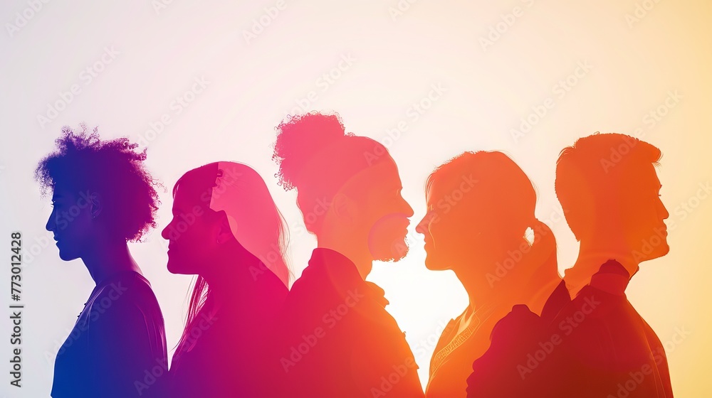 Poster silhouetted side view of diverse group engaging in collaborative discussion, symbolizing unity and p