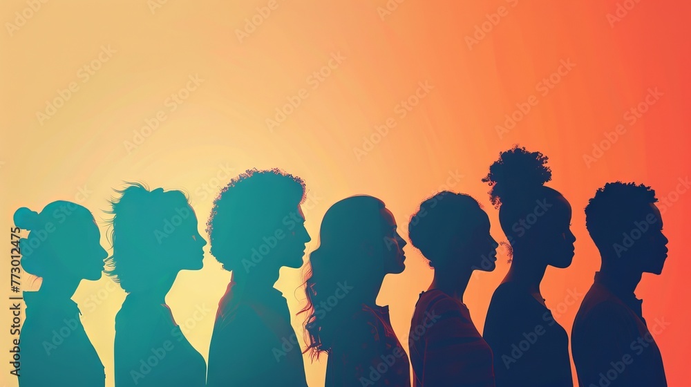 Aufkleber silhouetted side view of diverse group engaging in collaborative discussion, symbolizing unity and p